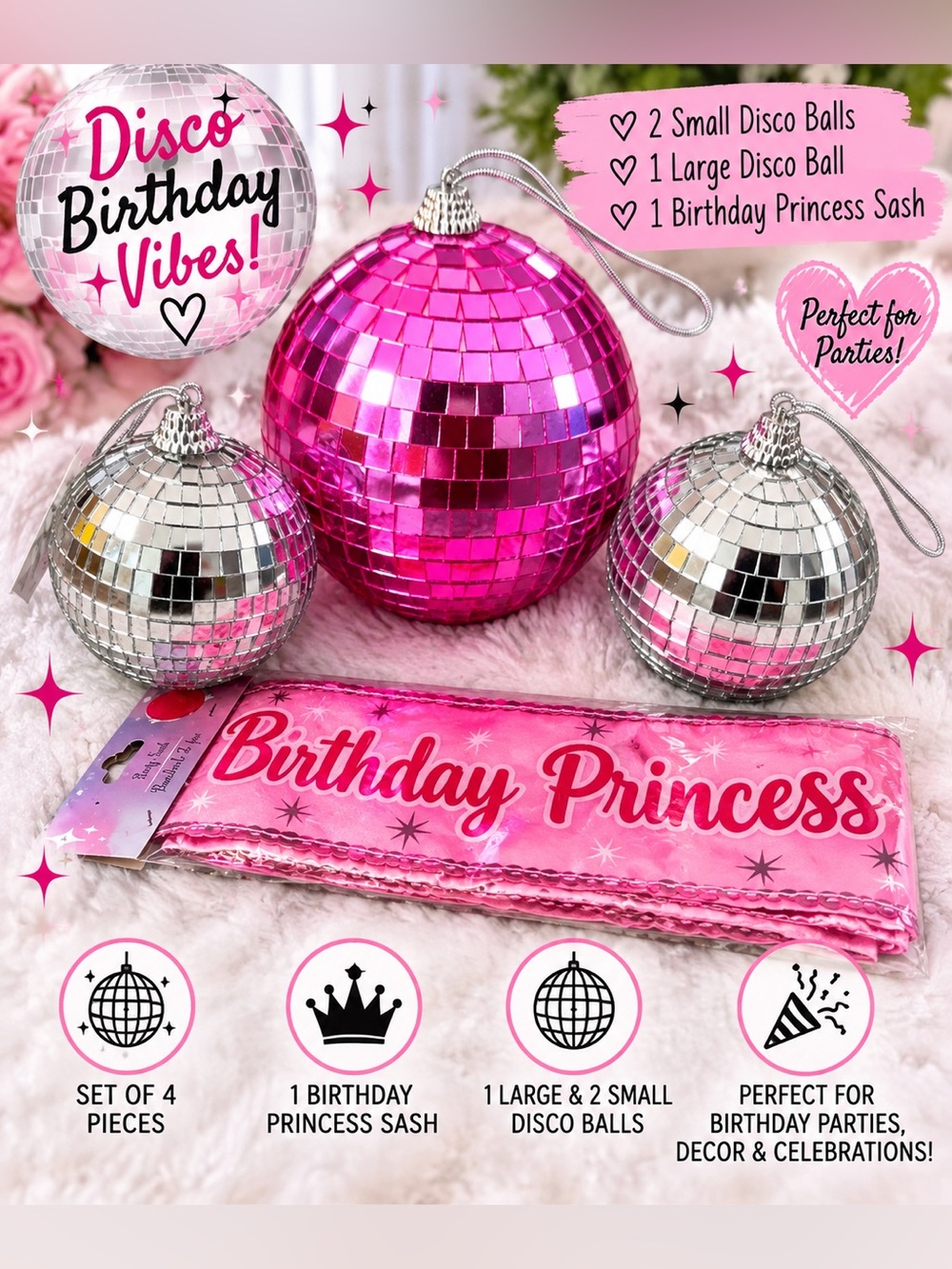 Pink and Silver Disco Ball Party Set nwt